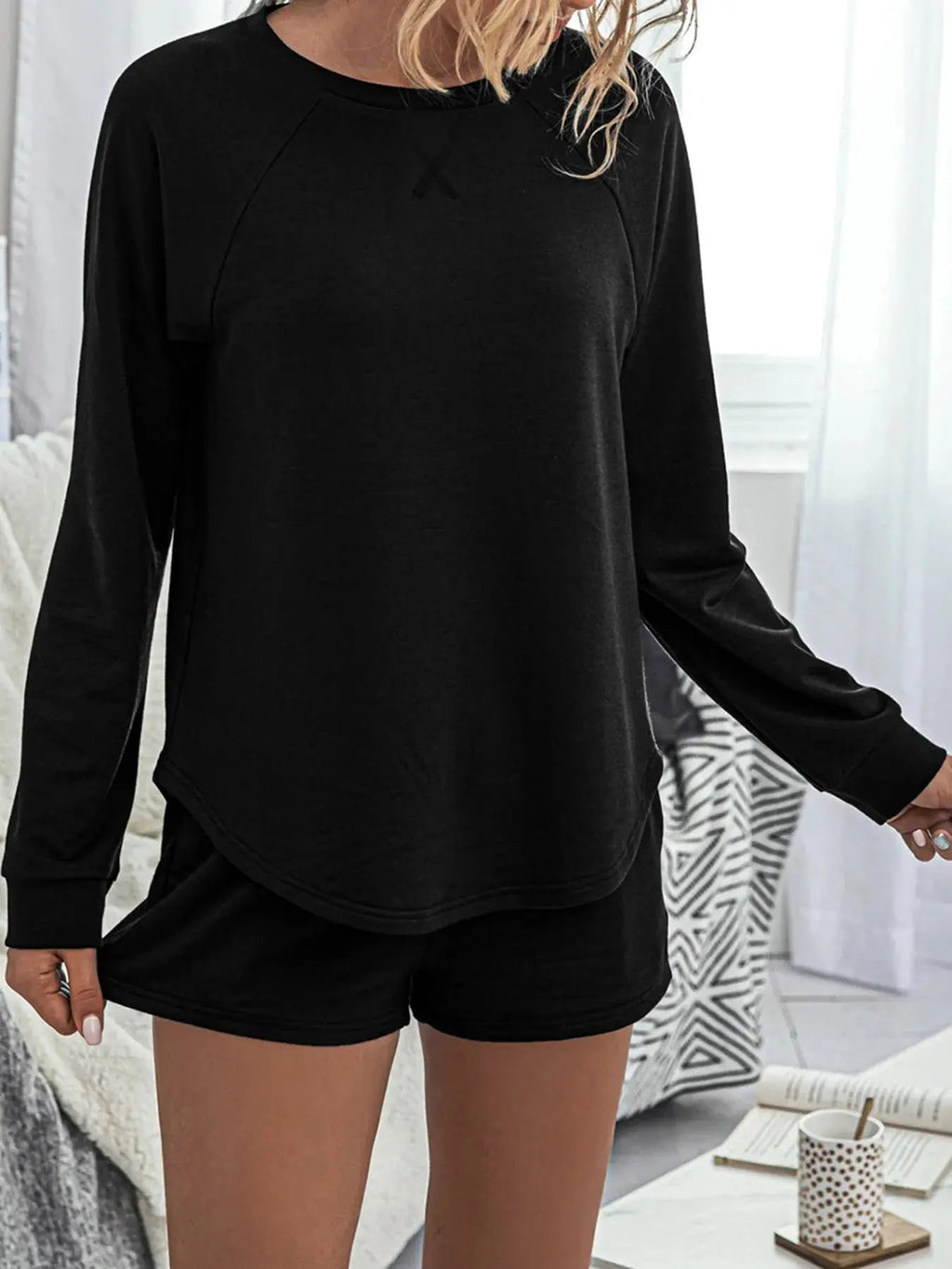 Round Neck Raglan Sleeve Top and Shorts Lounge Set - Charmdeals
