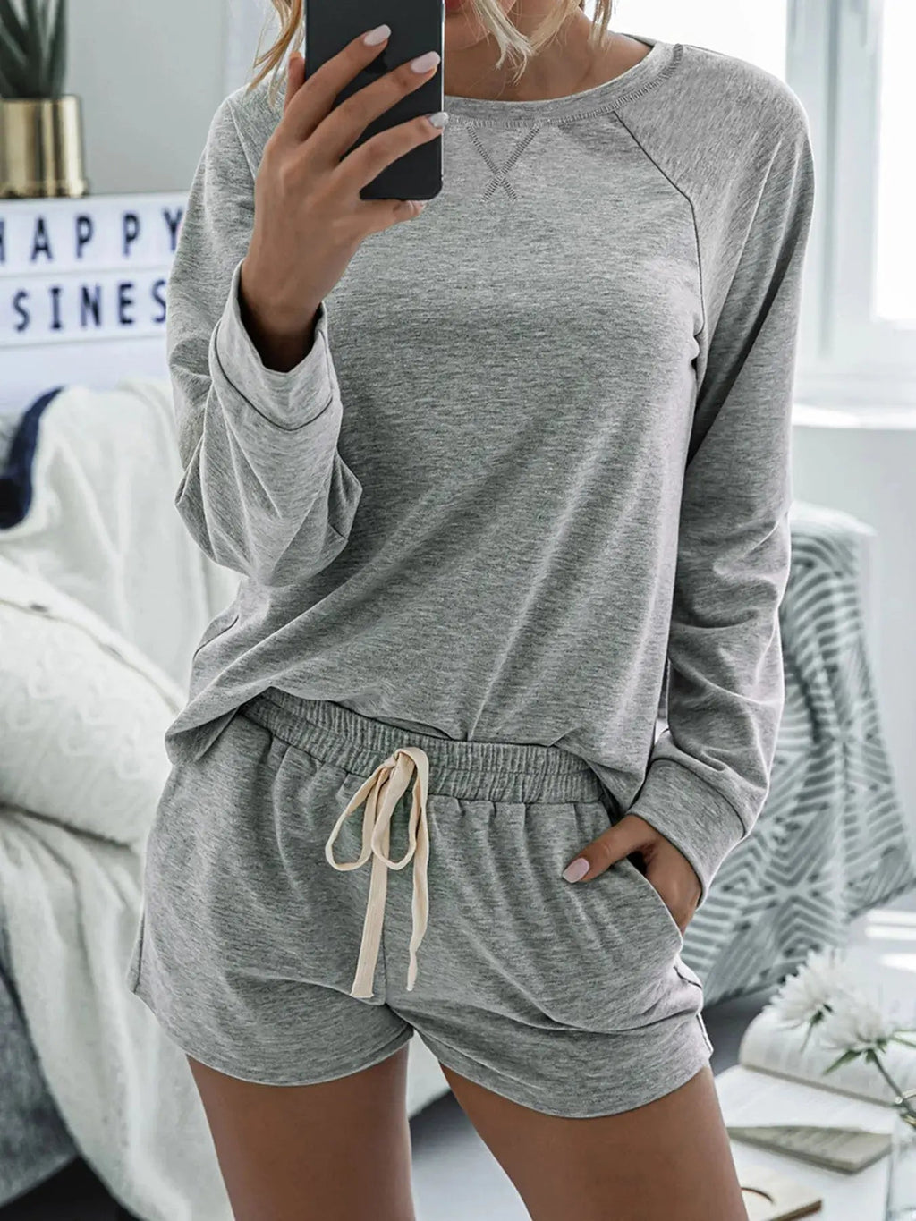 Round Neck Raglan Sleeve Top and Shorts Lounge Set - Charmdeals