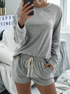 Round Neck Raglan Sleeve Top and Shorts Lounge Set - Charmdeals