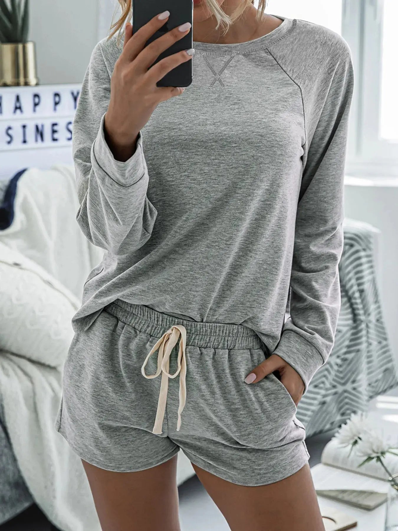 Round Neck Raglan Sleeve Top and Shorts Lounge Set - Charmdeals