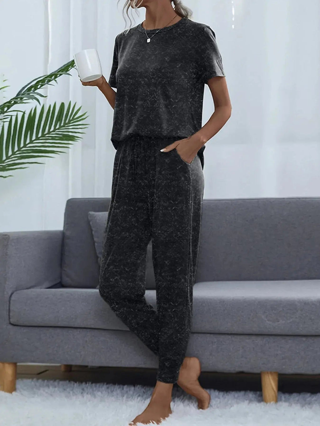 Round Neck Short Sleeve Top and Pants Lounge Set - Charmdeals