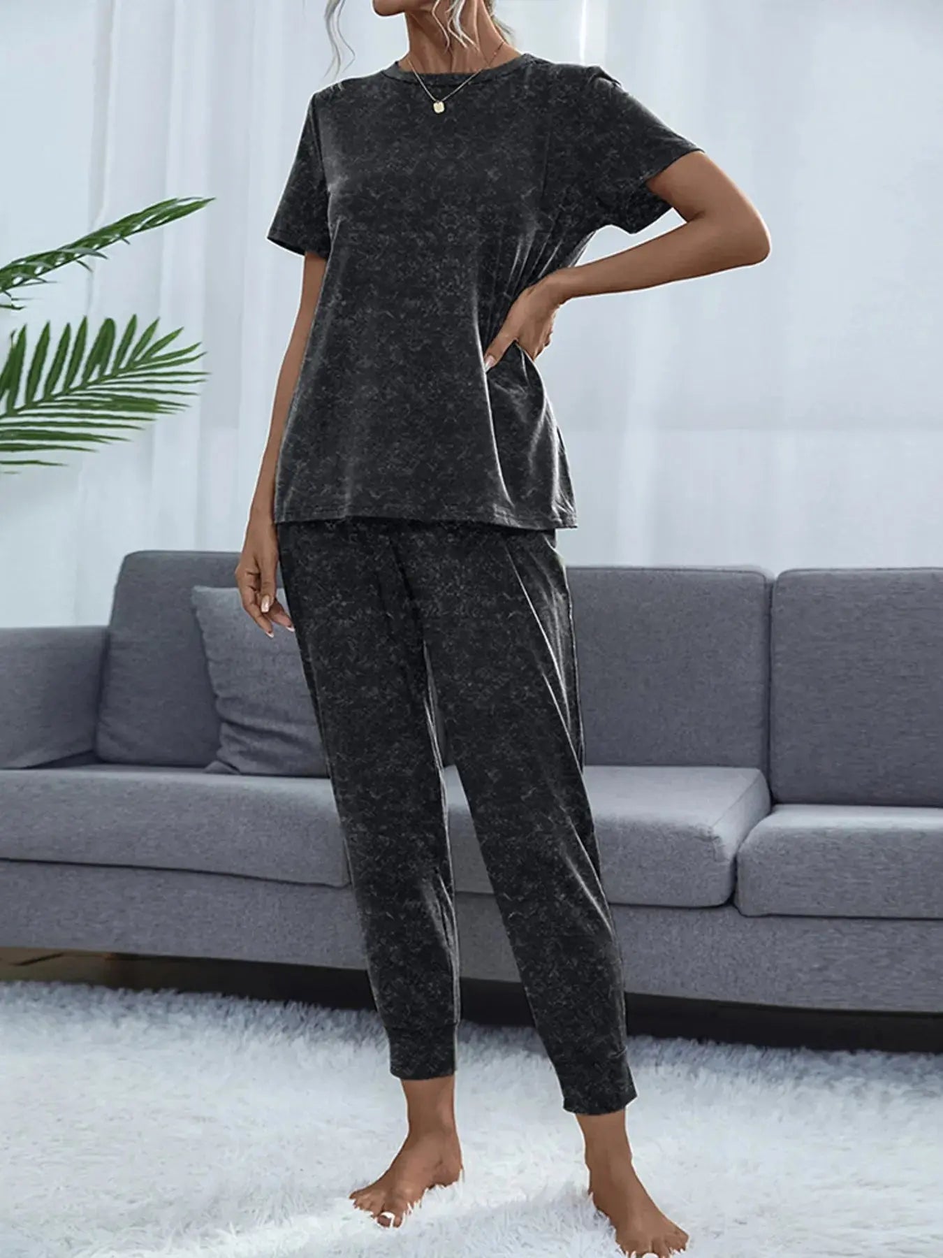 Round Neck Short Sleeve Top and Pants Lounge Set - Charmdeals
