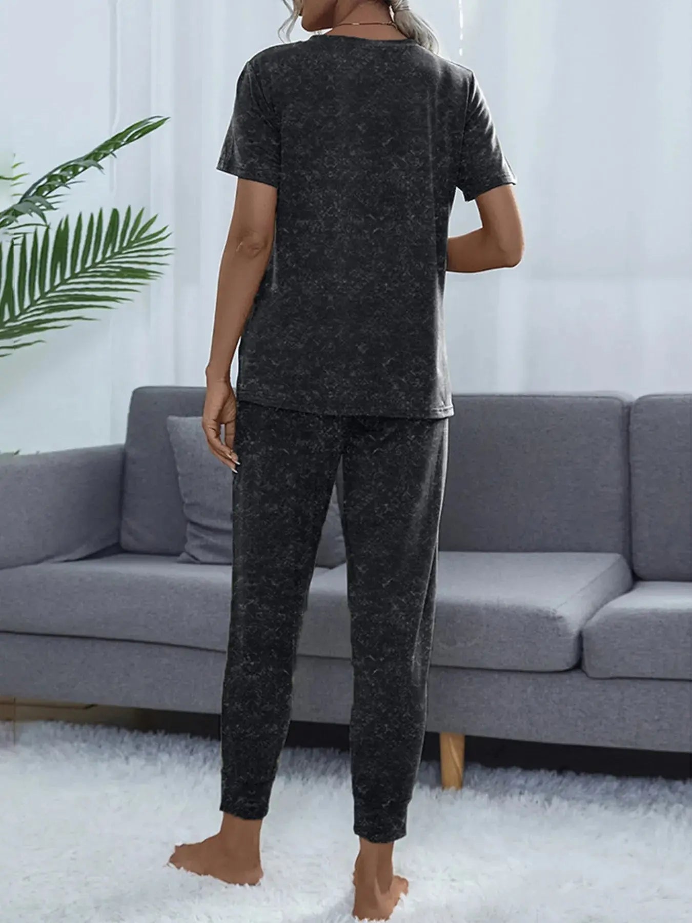Round Neck Short Sleeve Top and Pants Lounge Set - Charmdeals
