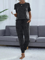 Round Neck Short Sleeve Top and Pants Lounge Set - Charmdeals