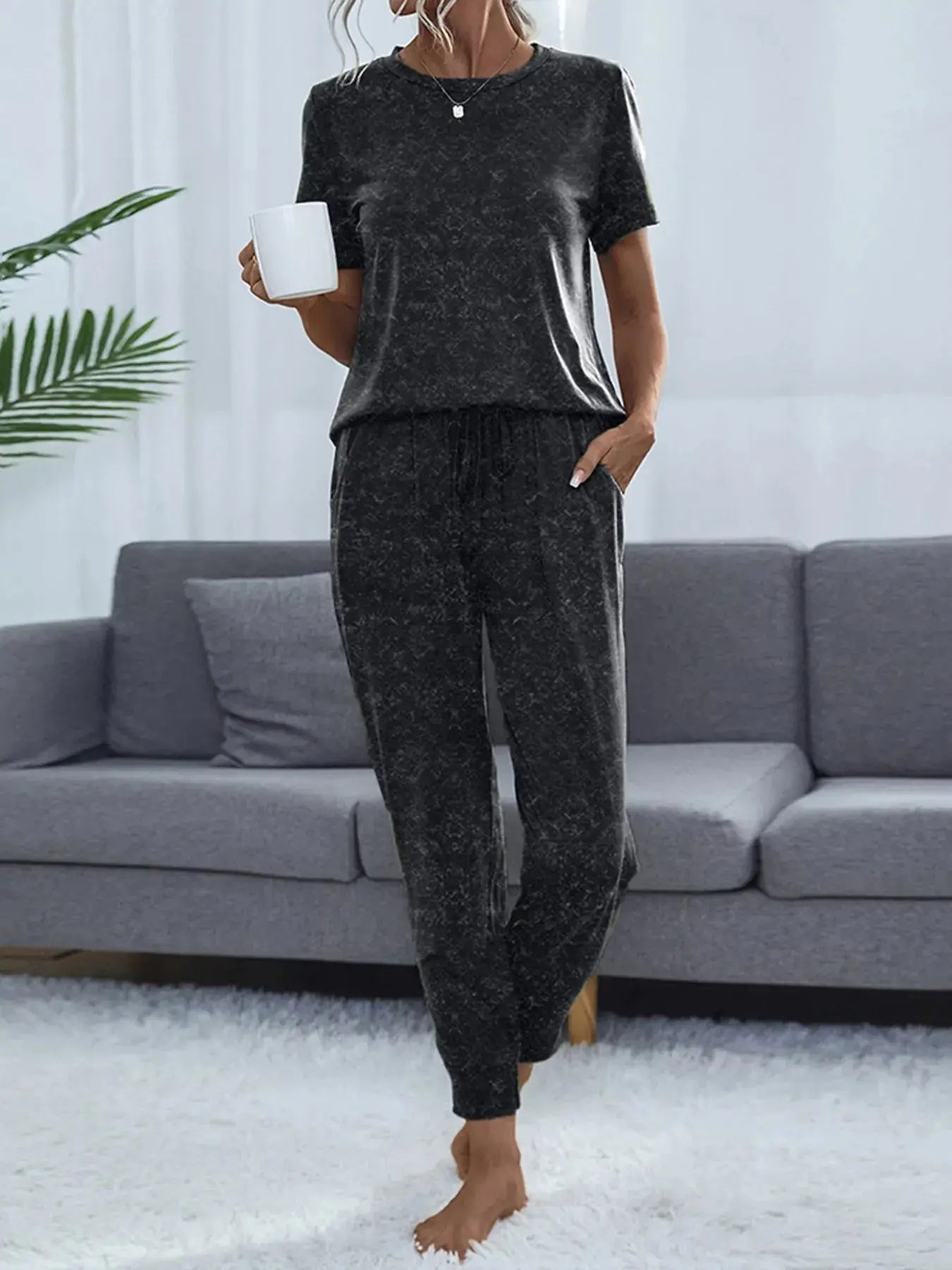 Round Neck Short Sleeve Top and Pants Lounge Set - Charmdeals