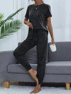 Round Neck Short Sleeve Top and Pants Lounge Set - Charmdeals