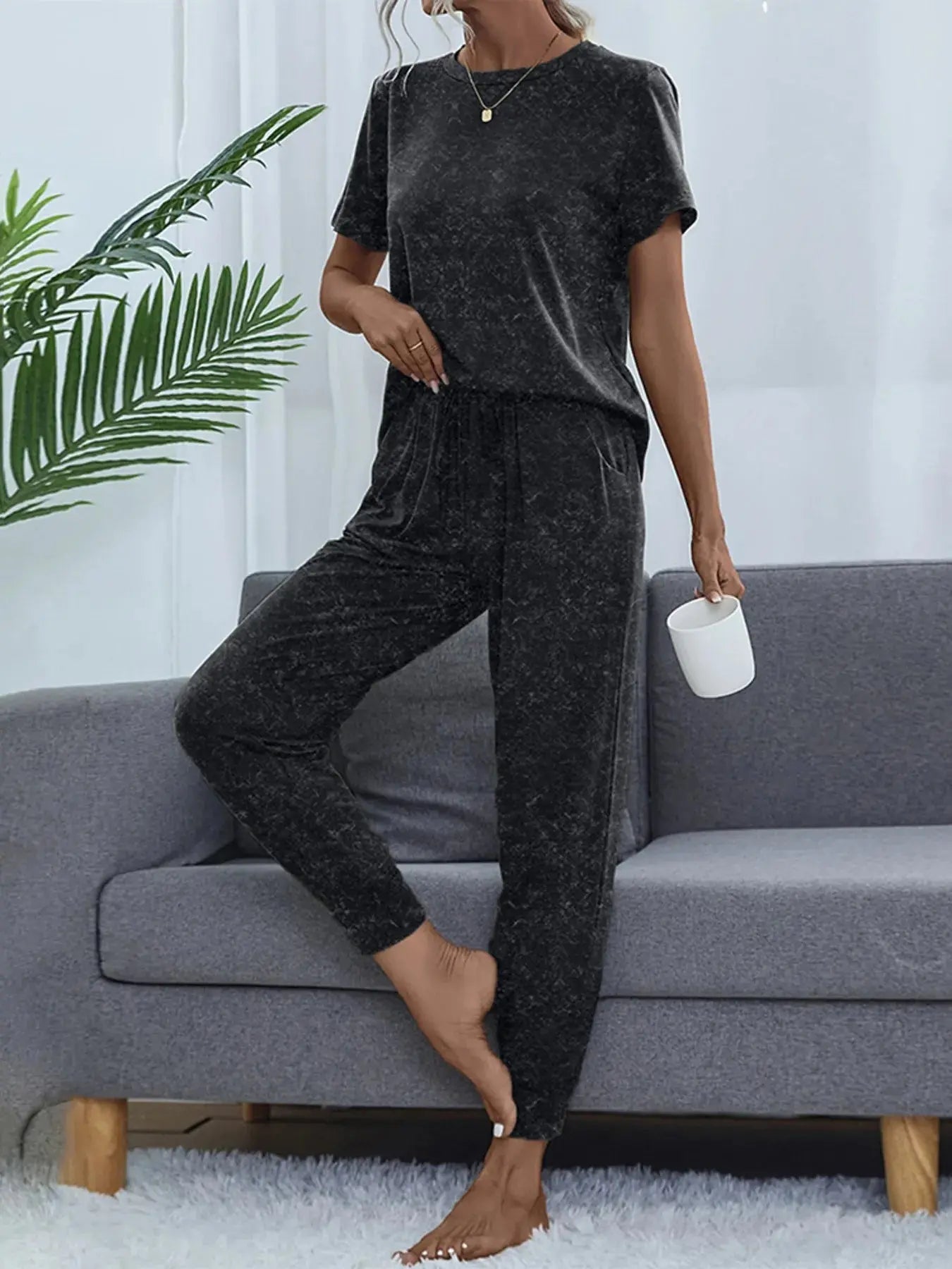 Round Neck Short Sleeve Top and Pants Lounge Set - Charmdeals