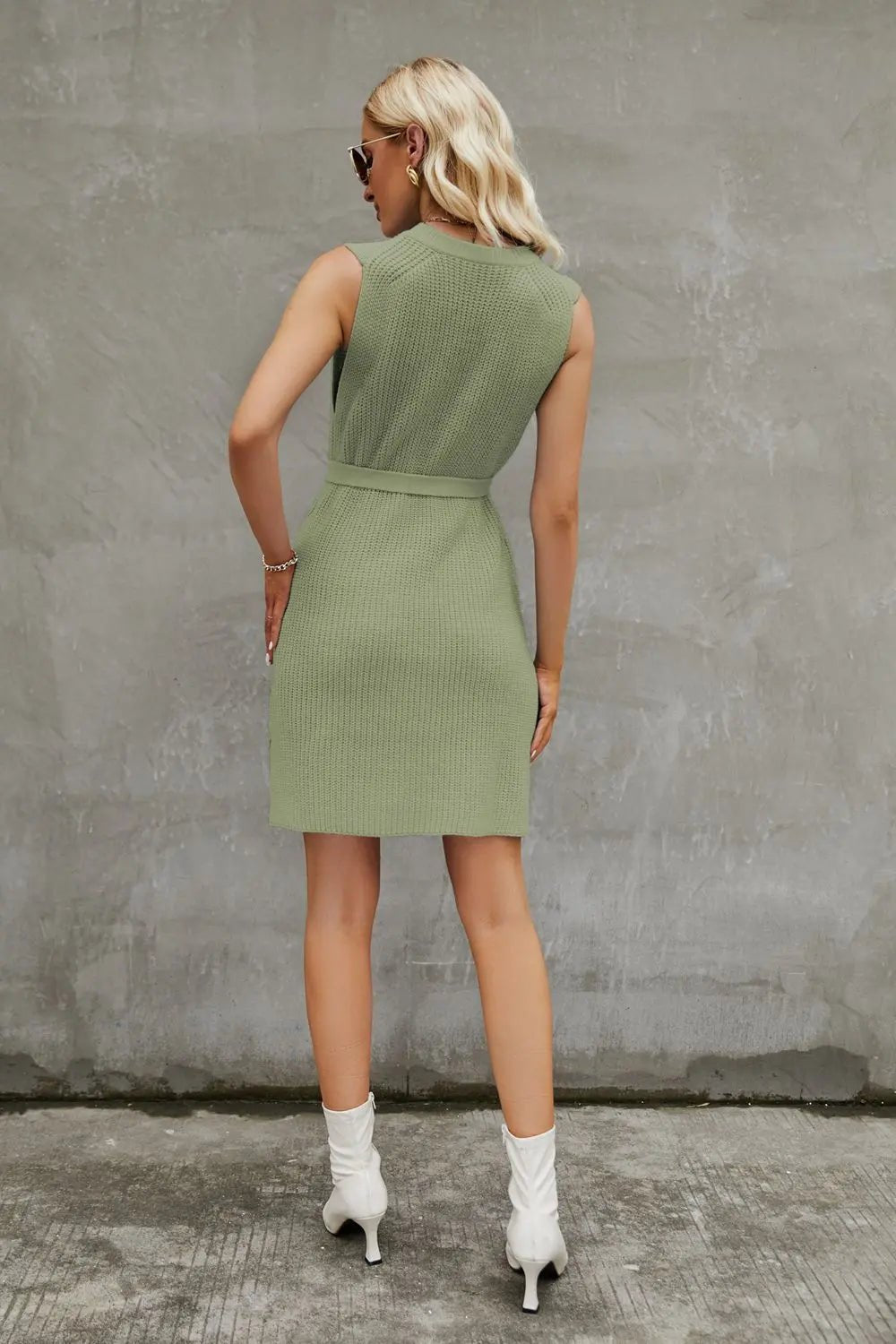 Round Neck Slit Sleeveless Sweater Dress - Charmdeals