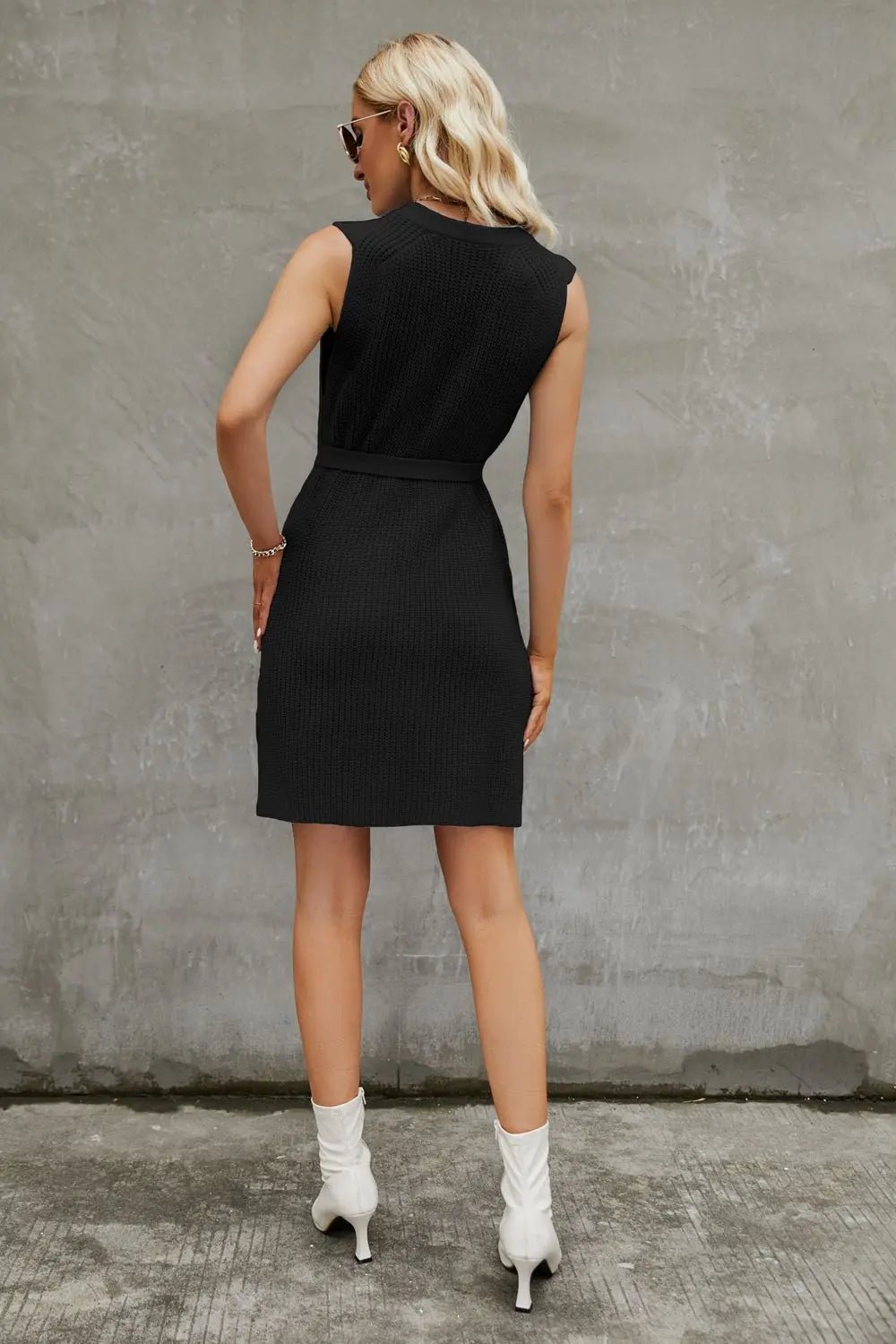 Round Neck Slit Sleeveless Sweater Dress - Charmdeals