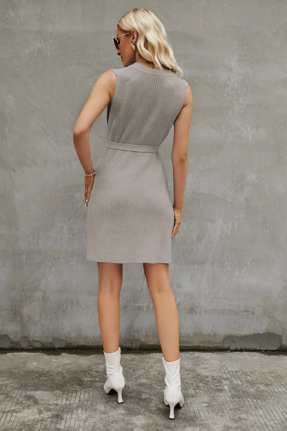 Round Neck Slit Sleeveless Sweater Dress - Charmdeals
