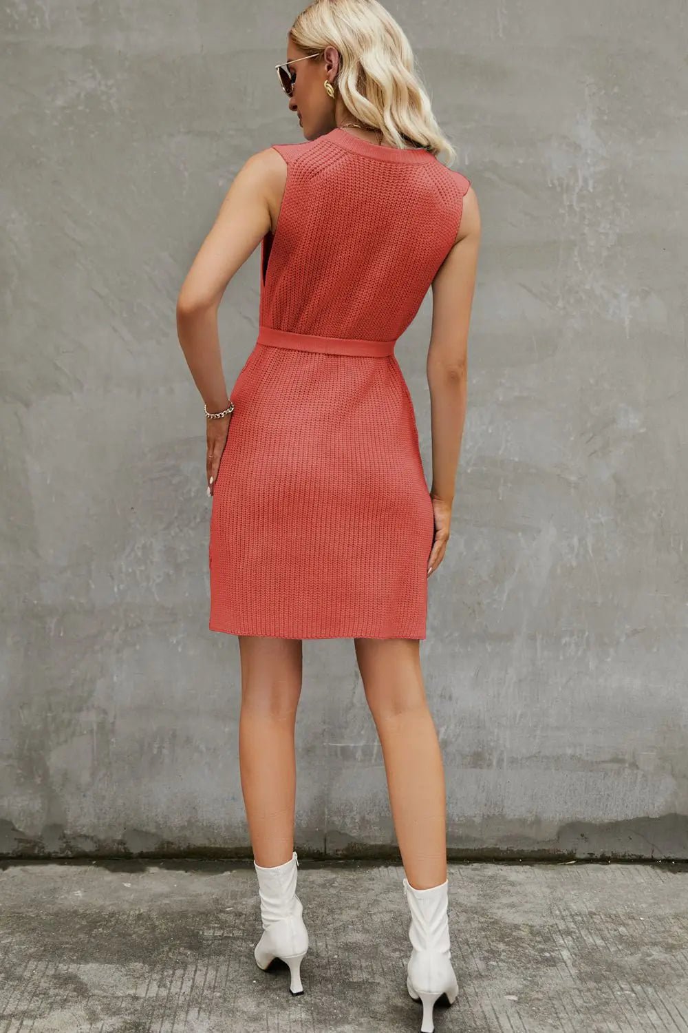 Round Neck Slit Sleeveless Sweater Dress - Charmdeals