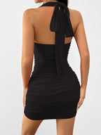 Ruched Halter Neck Mini Dress - Charmdeals
