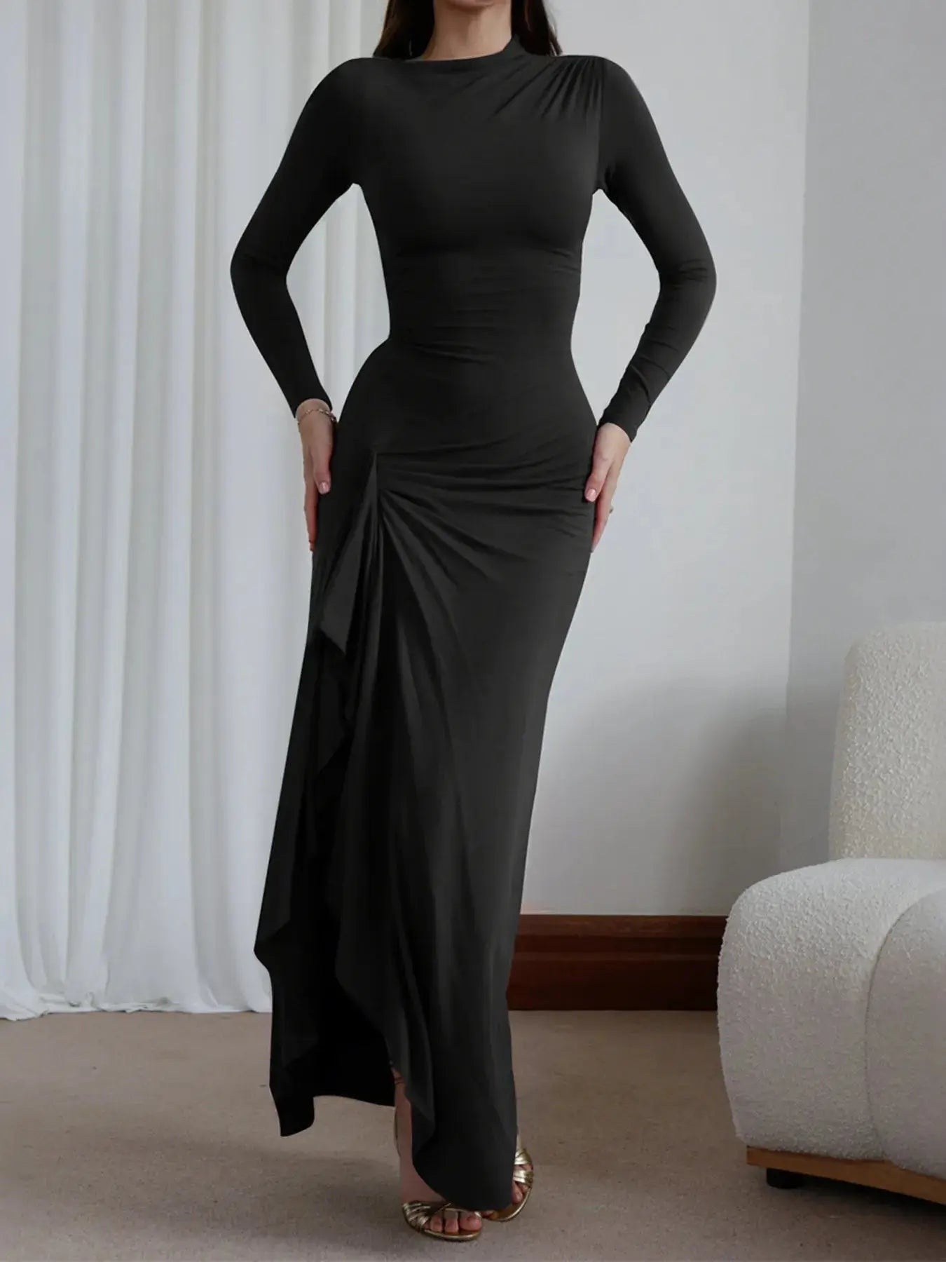 Ruched Long Sleeve Maxi Dress - Charmdeals