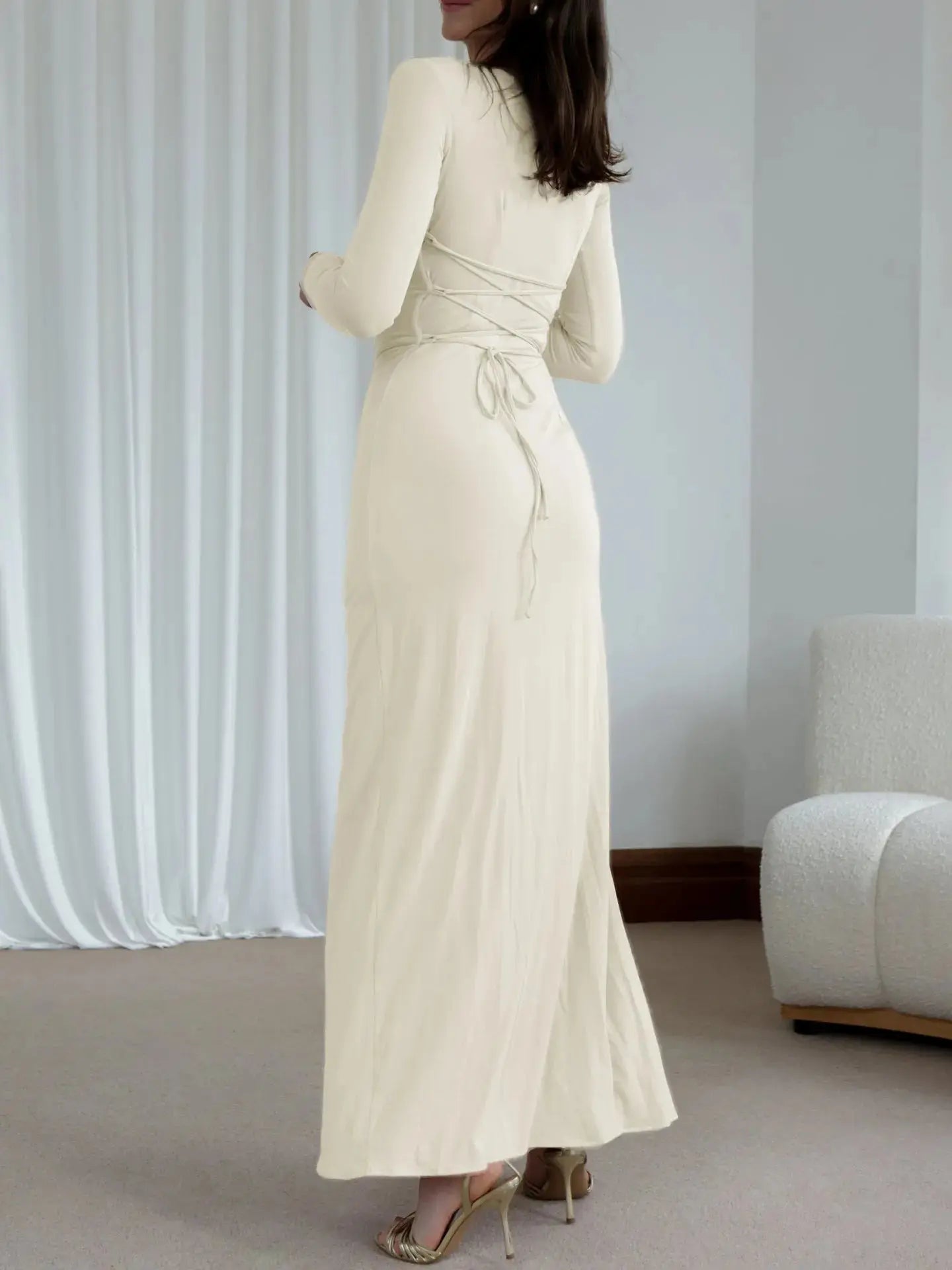 Ruched Long Sleeve Maxi Dress - Charmdeals