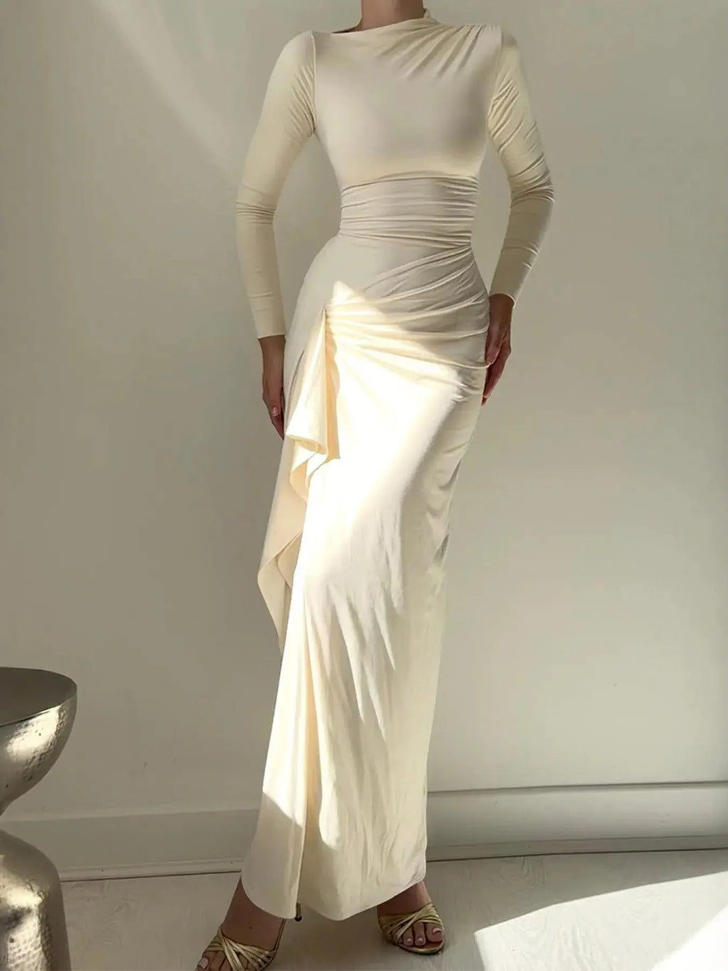 Ruched Long Sleeve Maxi Dress - Charmdeals