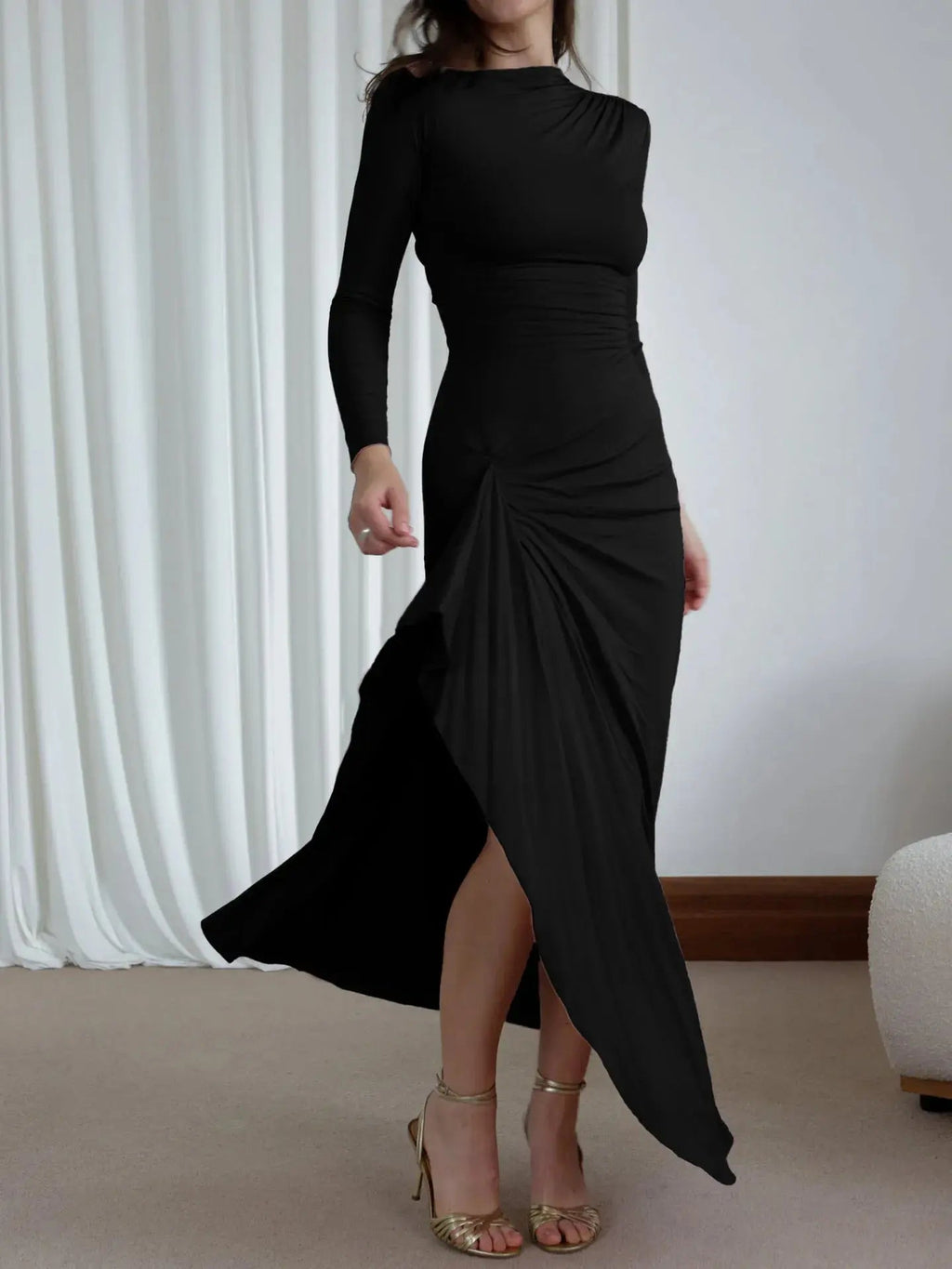 Ruched Long Sleeve Maxi Dress - Charmdeals