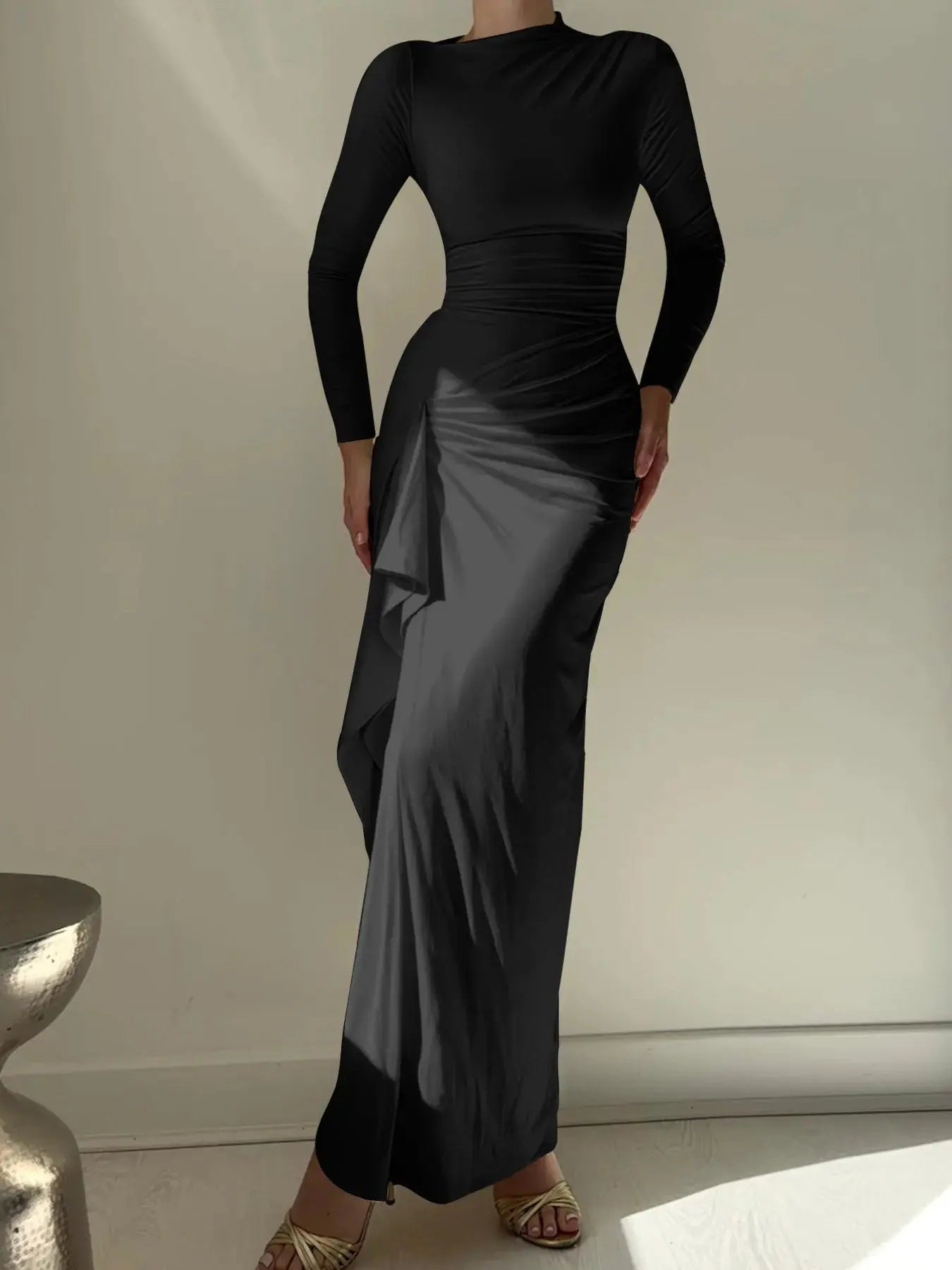Ruched Long Sleeve Maxi Dress - Charmdeals