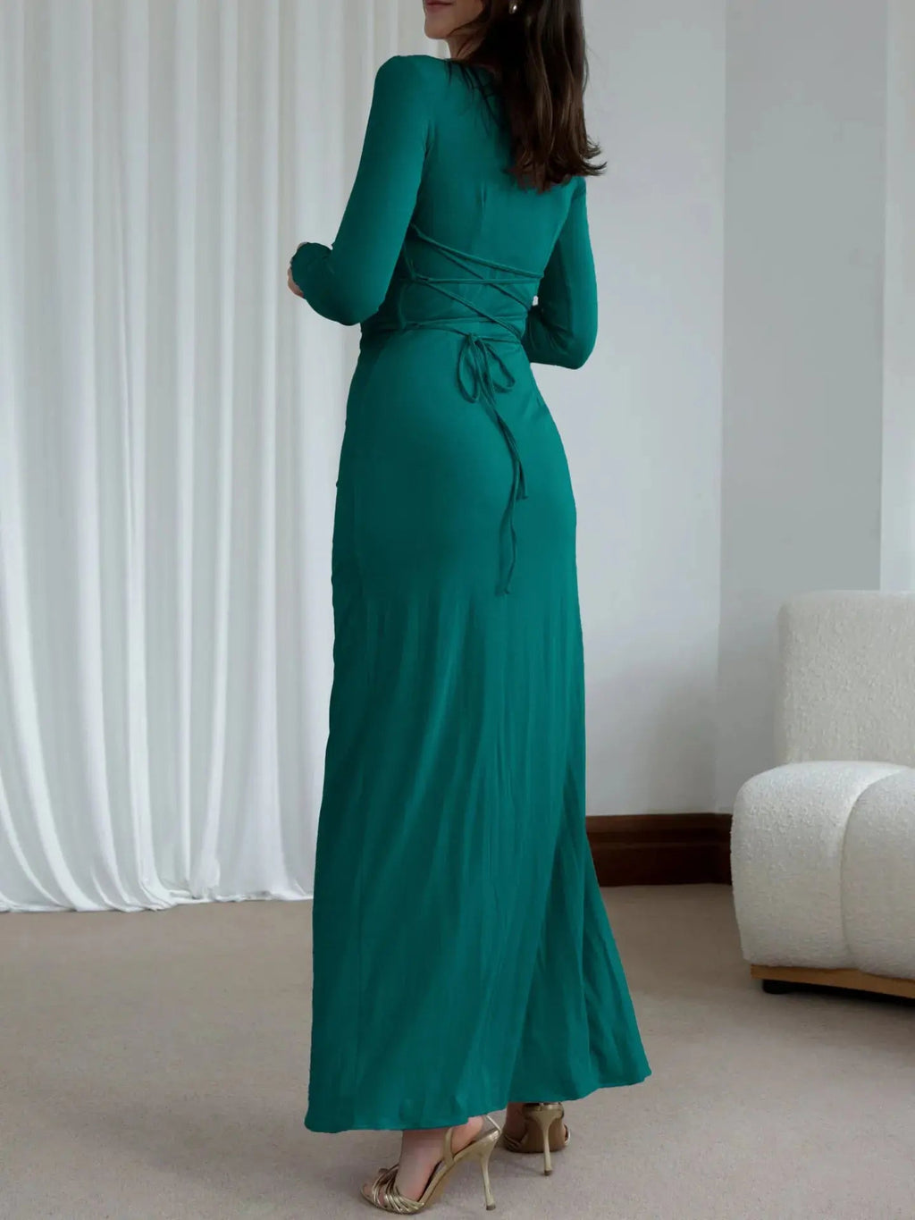 Ruched Long Sleeve Maxi Dress - Charmdeals