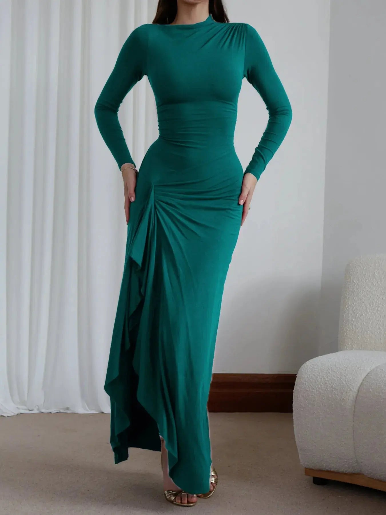 Ruched Long Sleeve Maxi Dress - Charmdeals