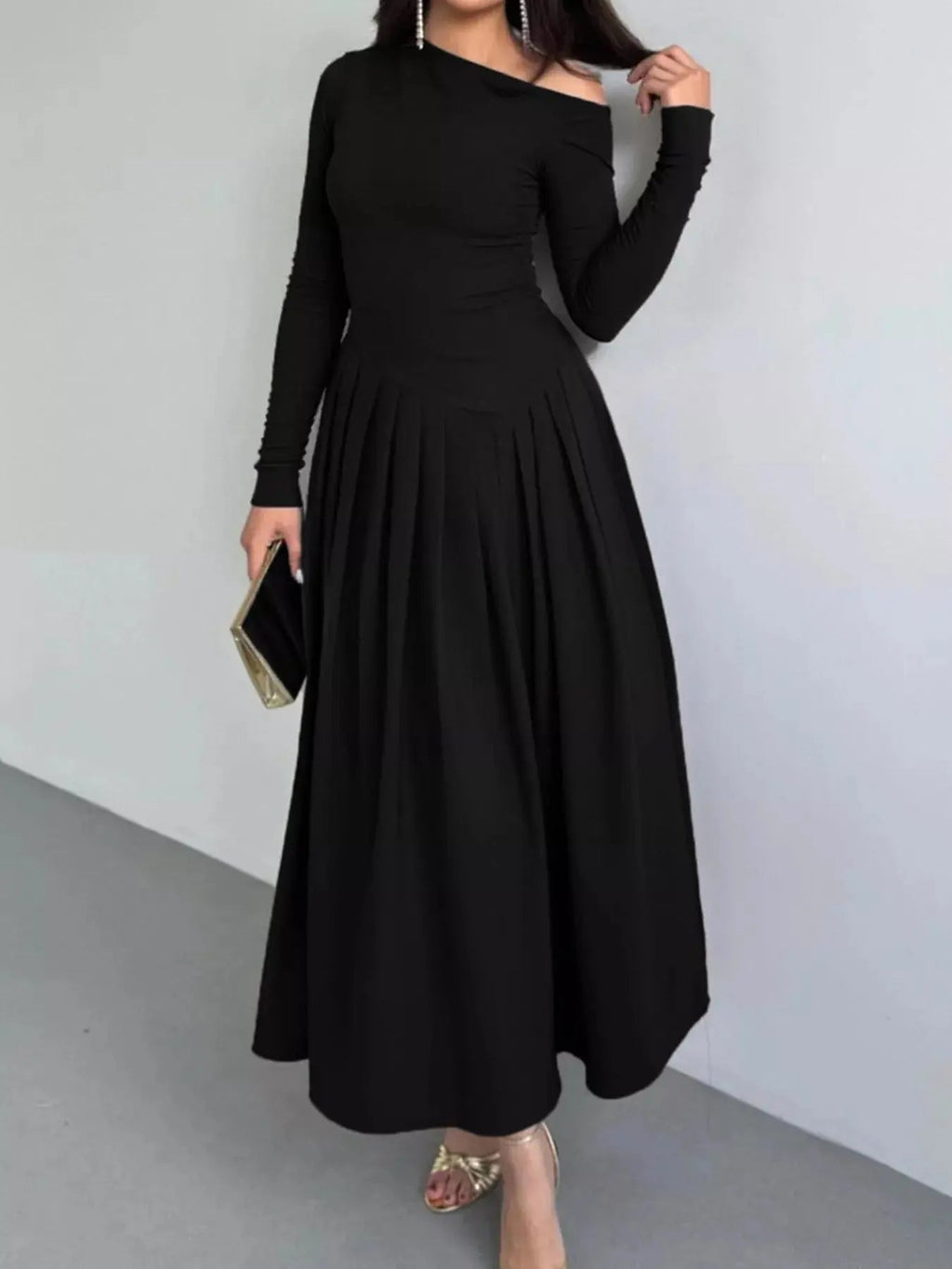 Ruched One Shoulder Long Sleeve Dress - Charmdeals