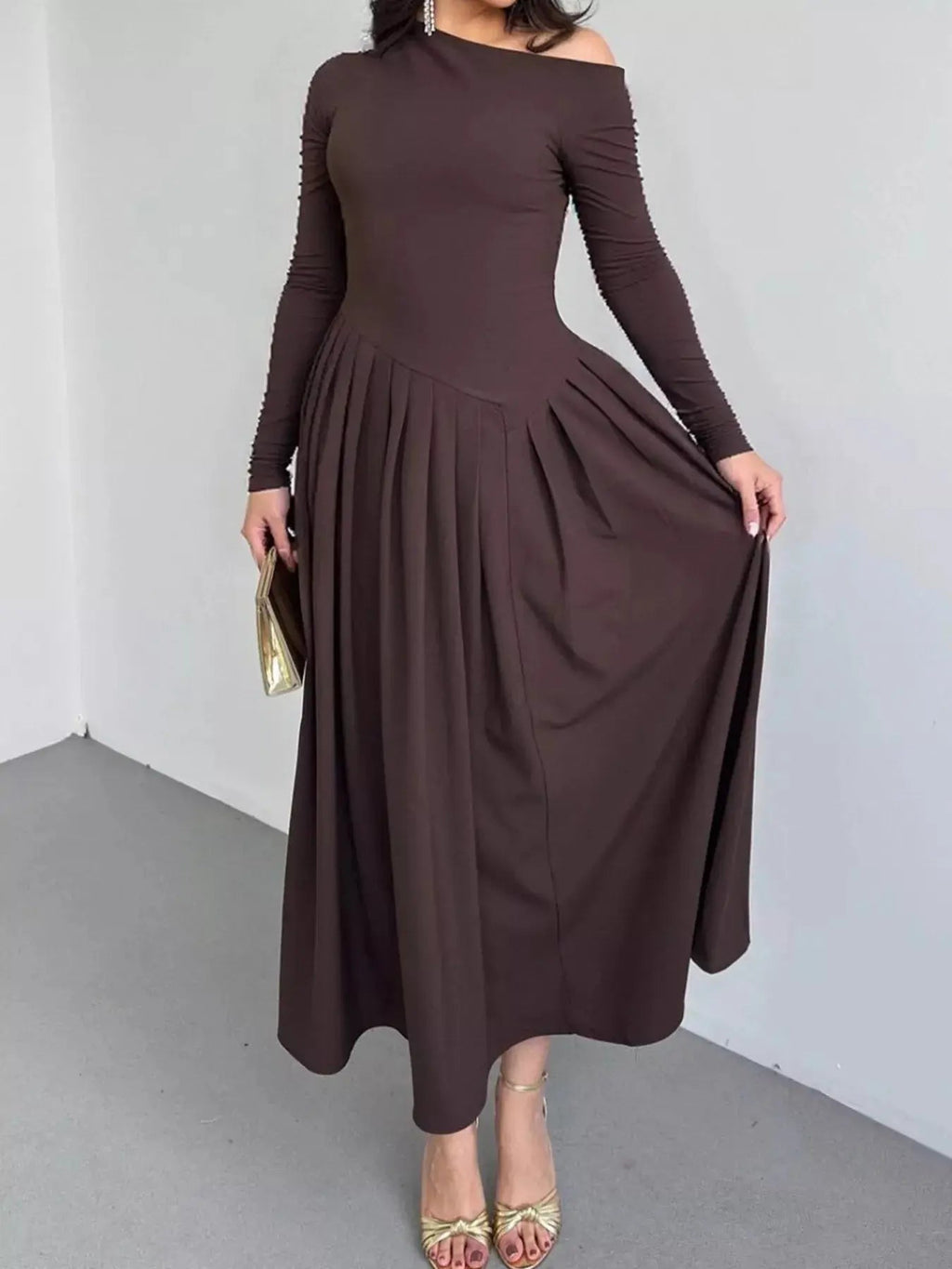 Ruched One Shoulder Long Sleeve Dress - Charmdeals