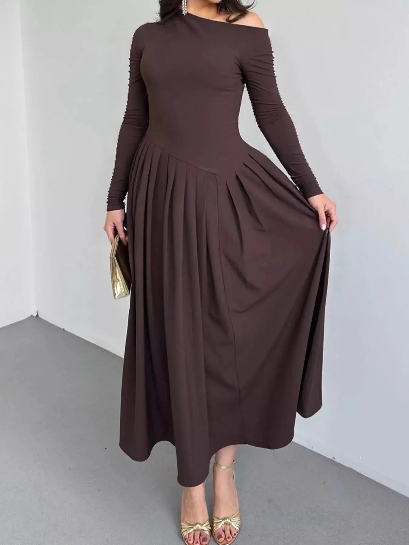 Ruched One Shoulder Long Sleeve Dress - Charmdeals