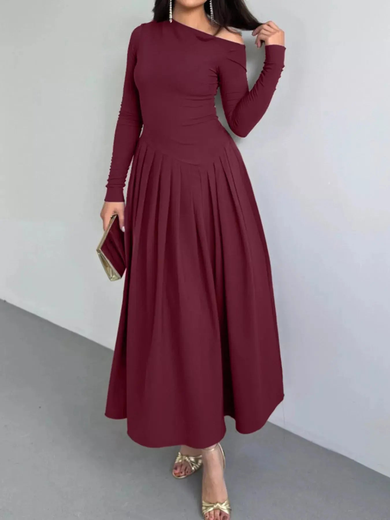 Ruched One Shoulder Long Sleeve Dress - Charmdeals