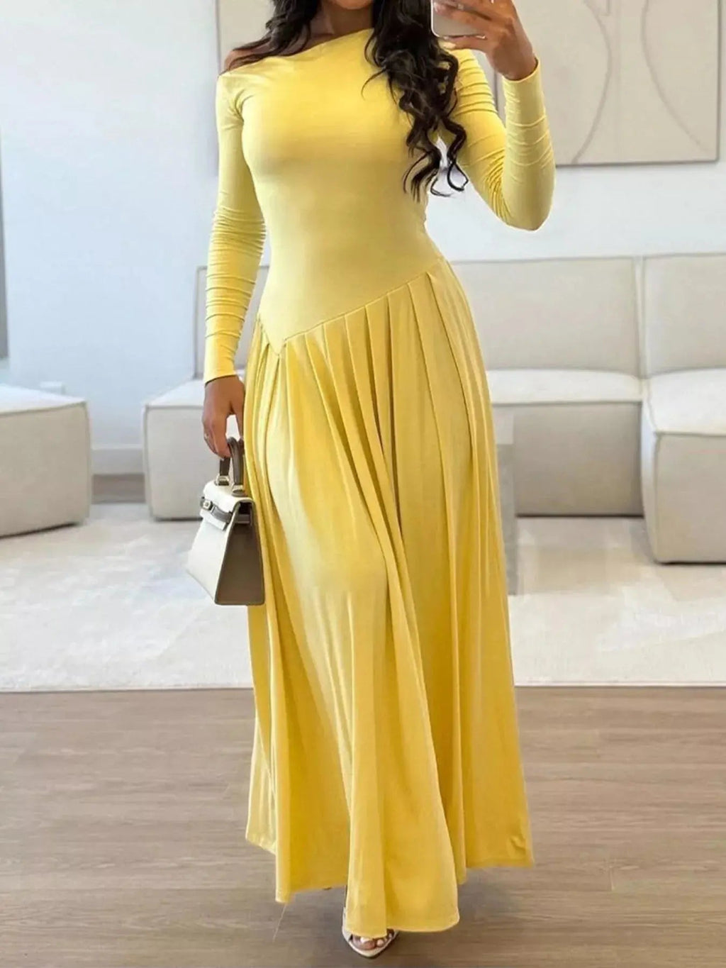 Ruched One Shoulder Long Sleeve Dress - Charmdeals