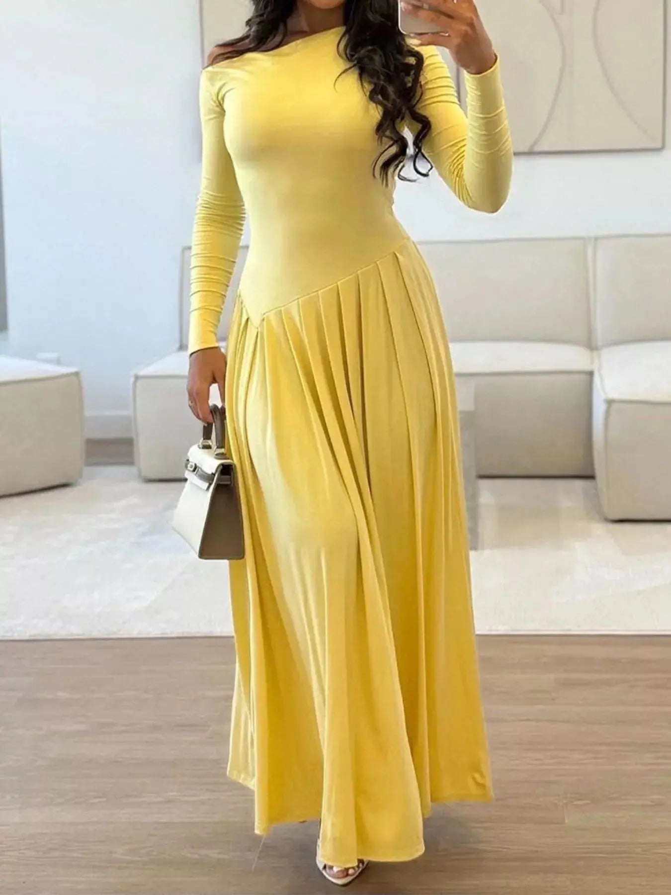 Ruched One Shoulder Long Sleeve Dress - Charmdeals