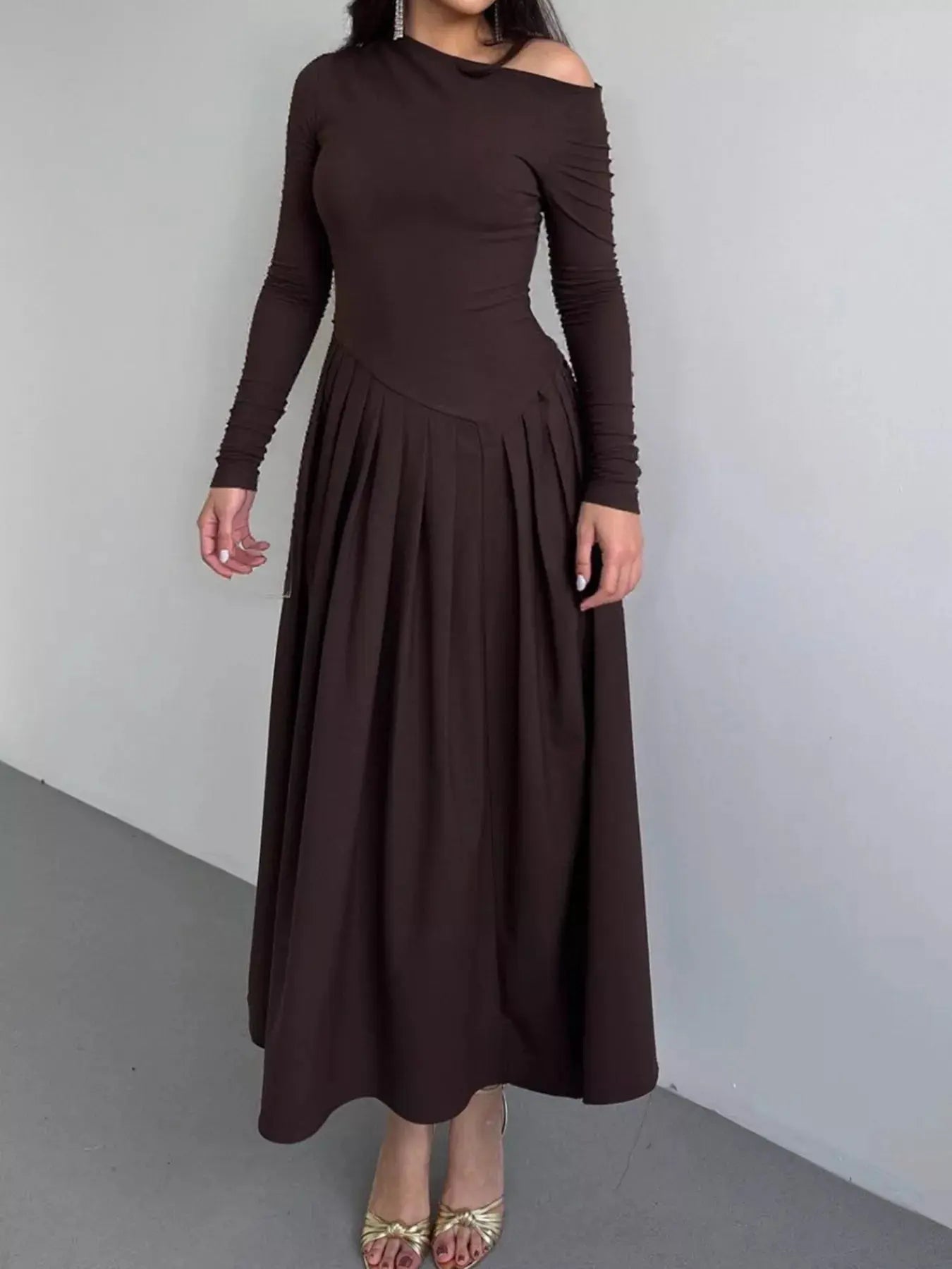 Ruched One Shoulder Long Sleeve Dress - Charmdeals