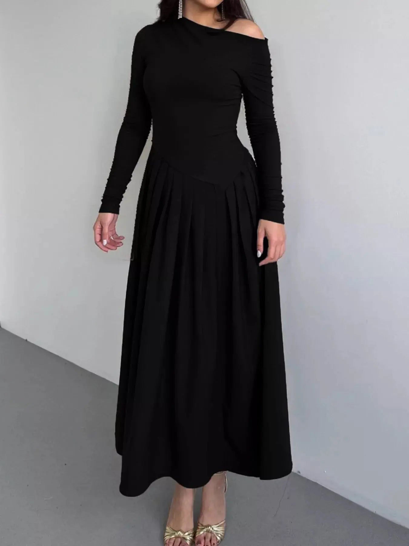 Ruched One Shoulder Long Sleeve Dress - Charmdeals
