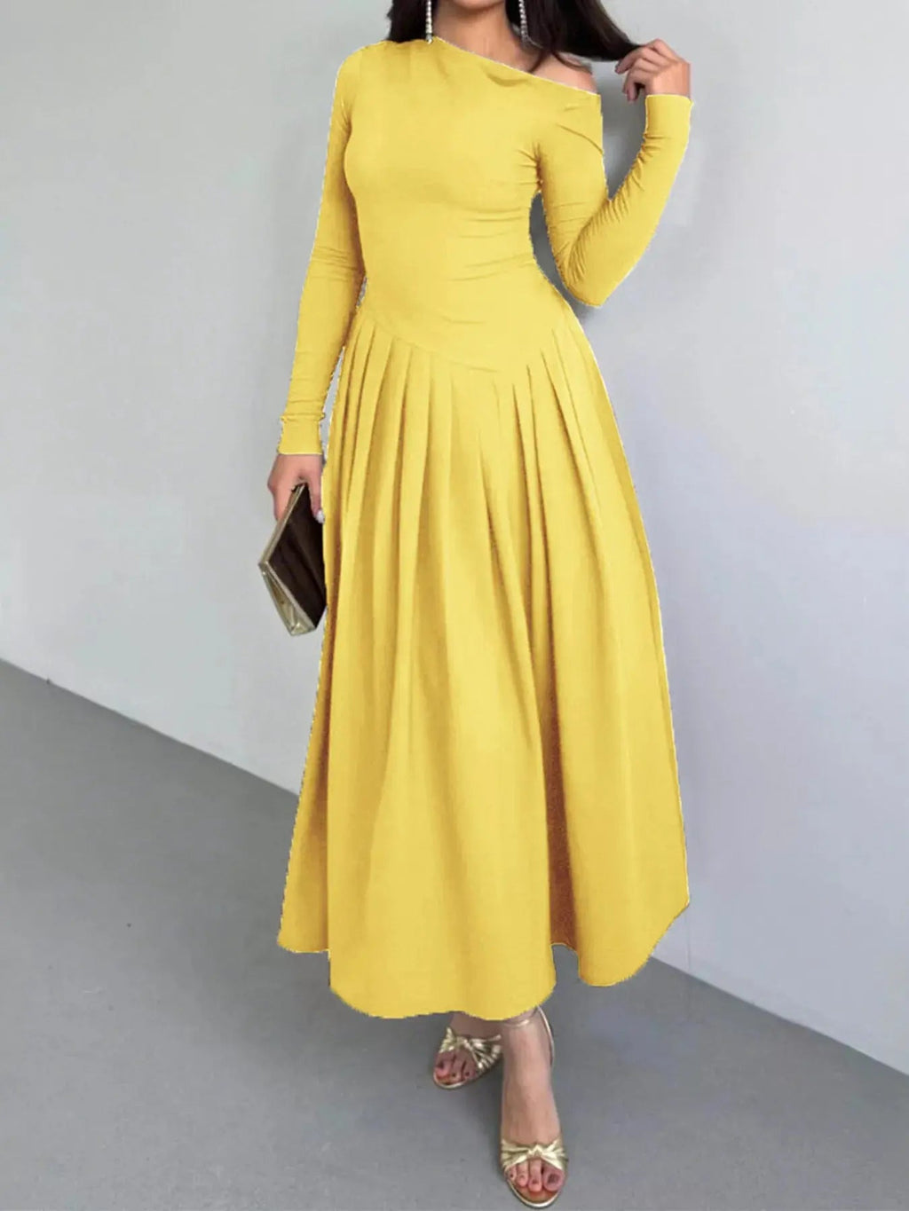 Ruched One Shoulder Long Sleeve Dress - Charmdeals