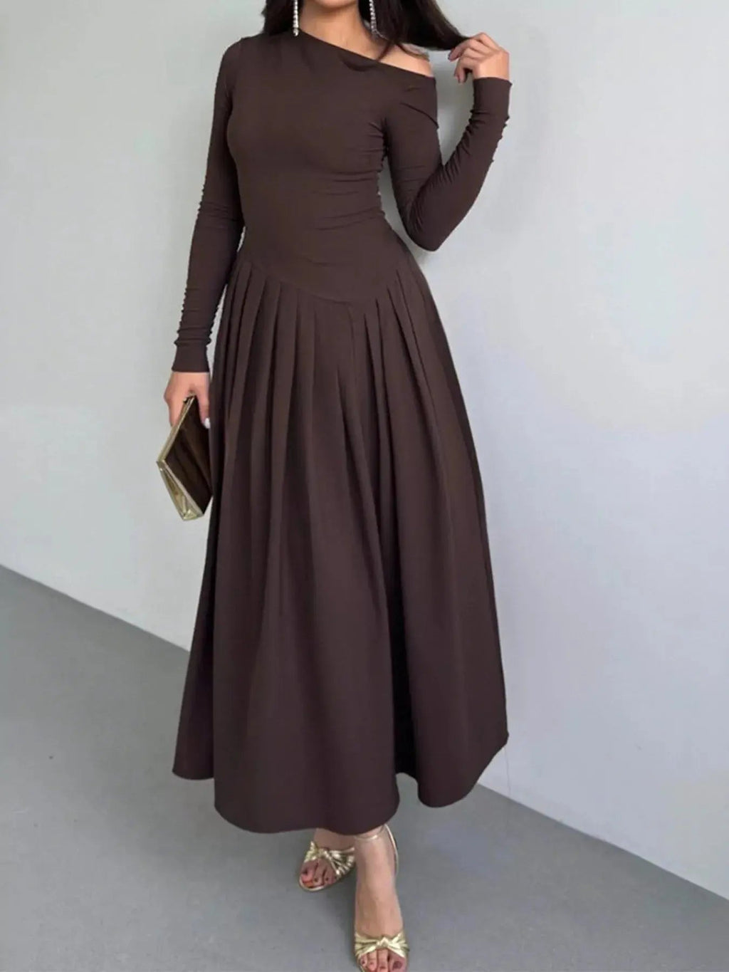 Ruched One Shoulder Long Sleeve Dress - Charmdeals