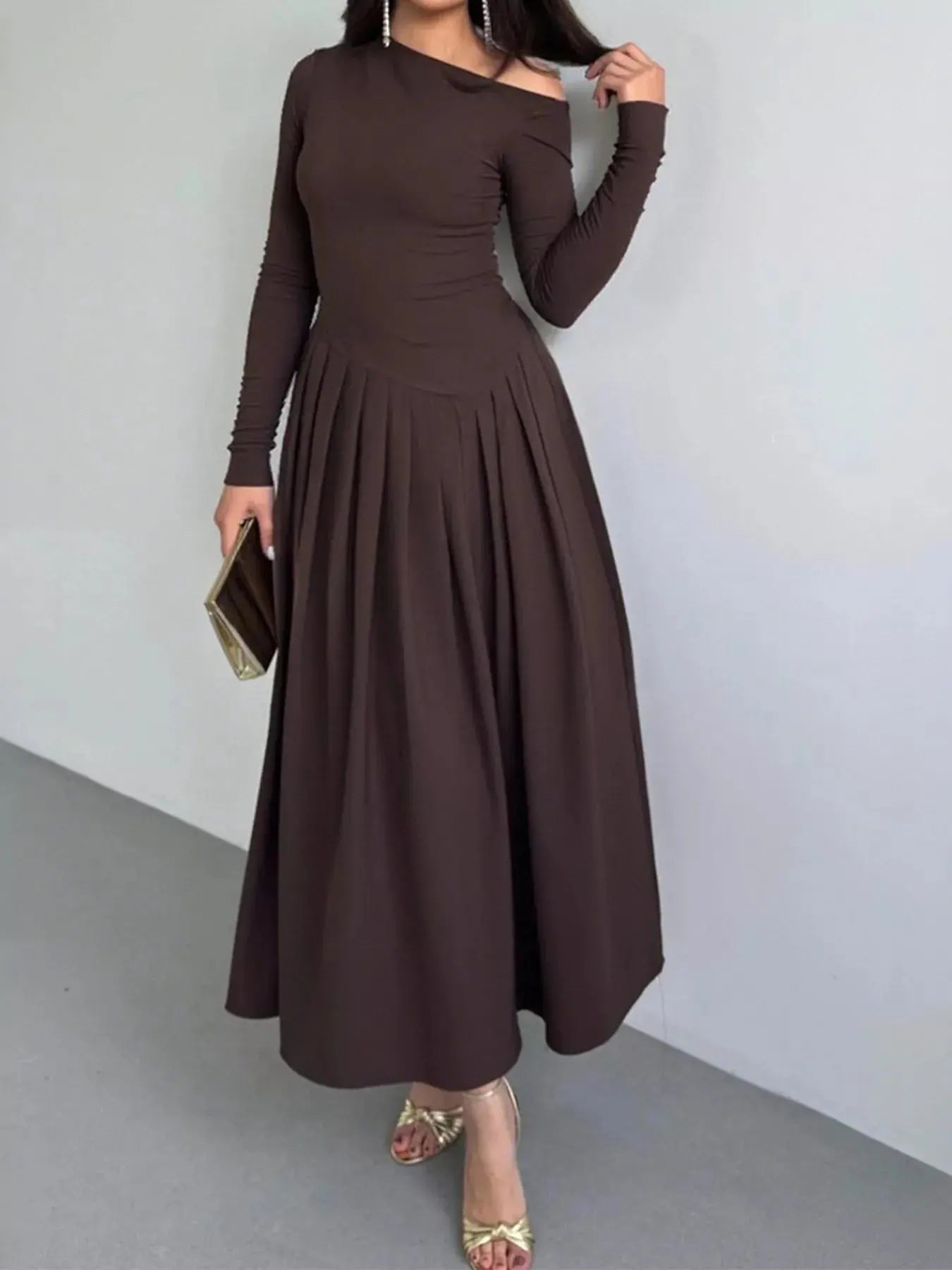 Ruched One Shoulder Long Sleeve Dress - Charmdeals