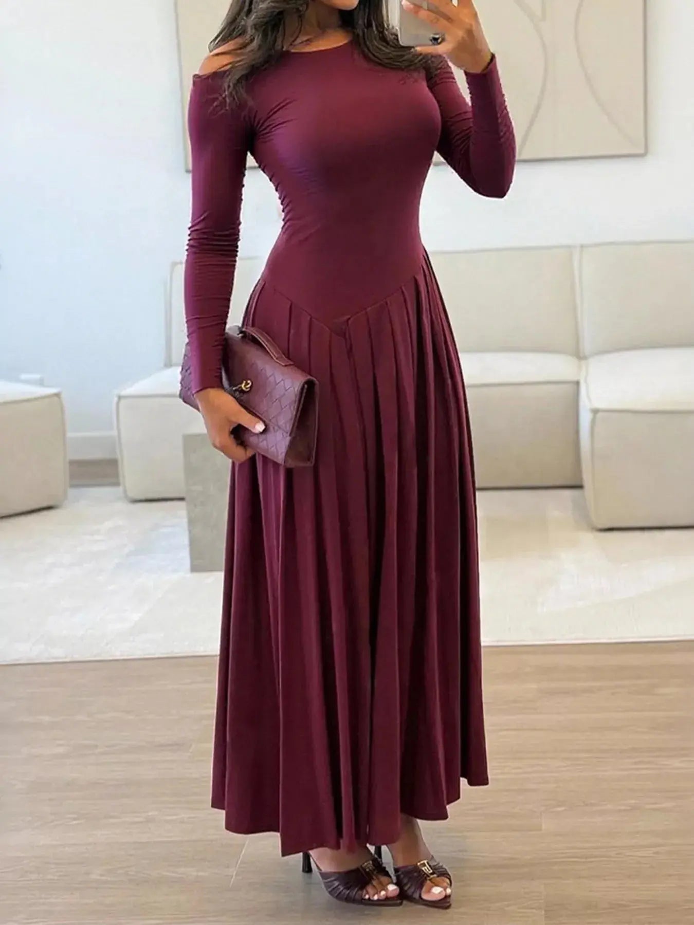 Ruched One Shoulder Long Sleeve Dress - Charmdeals