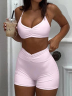 Ruched Sports Bra and High - Waisted Shorts Active Set - Charmdeals