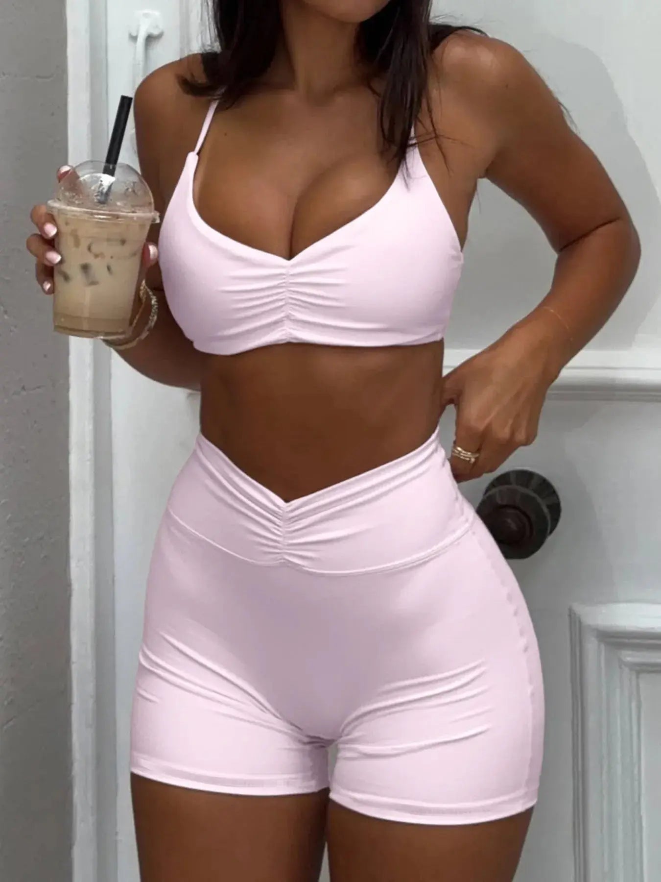 Ruched Sports Bra and High - Waisted Shorts Active Set - Charmdeals