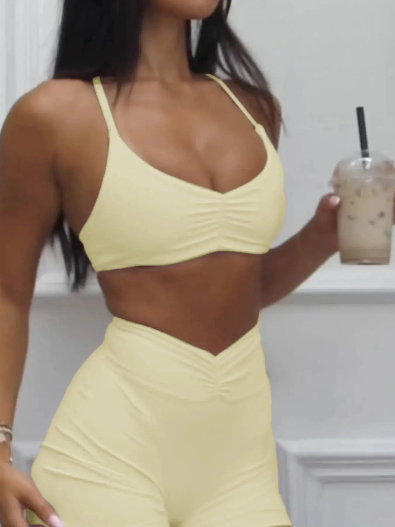 Ruched Sports Bra and High - Waisted Shorts Active Set - Charmdeals