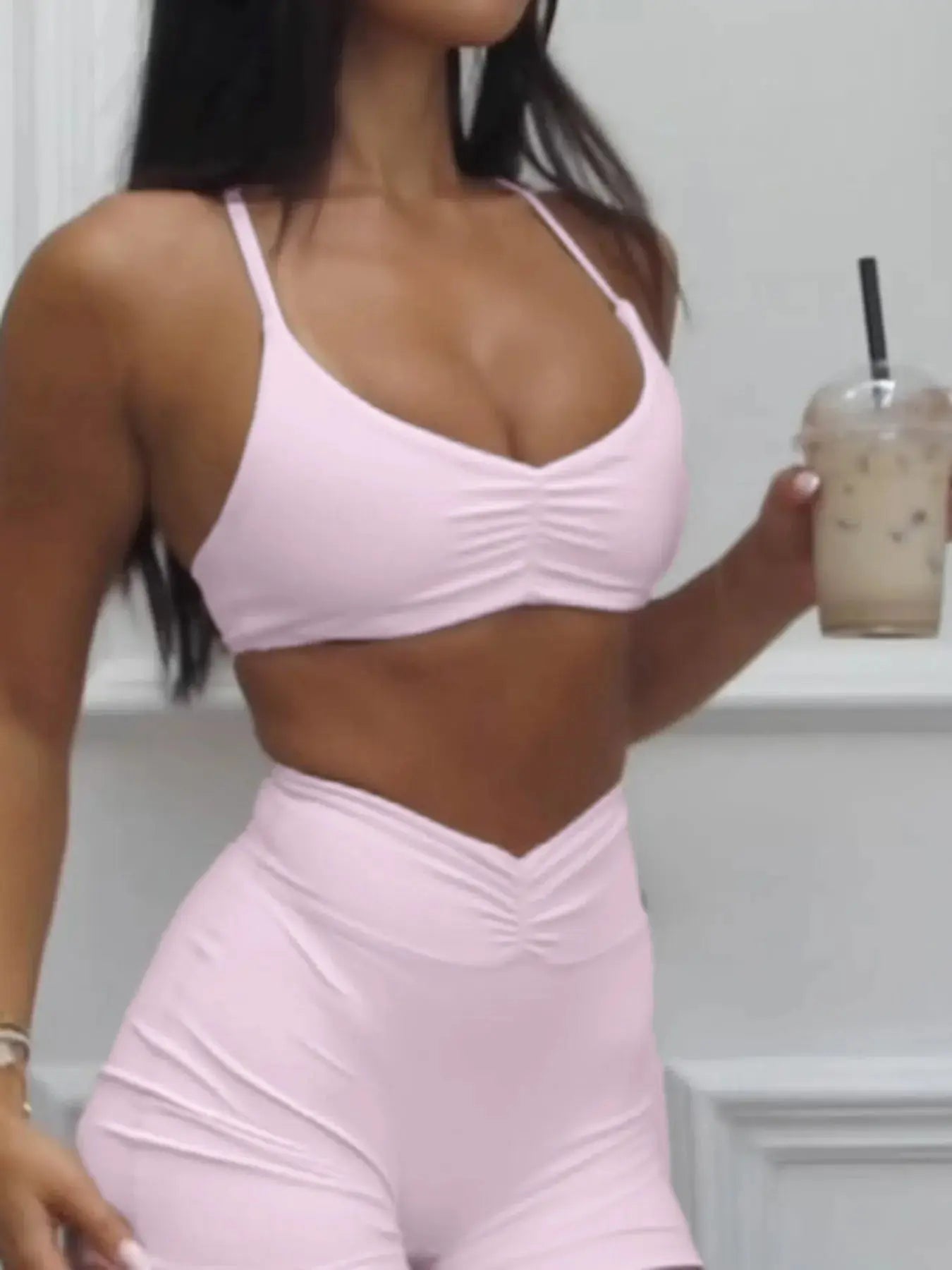 Ruched Sports Bra and High - Waisted Shorts Active Set - Charmdeals