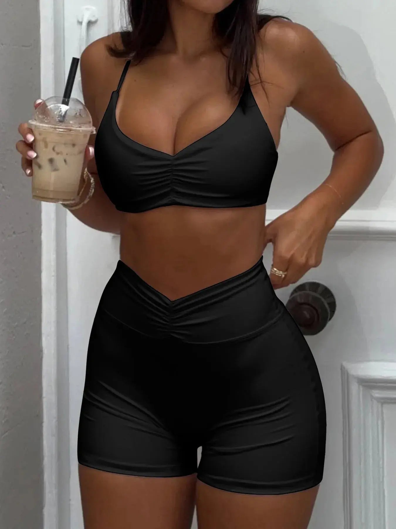 Ruched Sports Bra and High - Waisted Shorts Active Set - Charmdeals