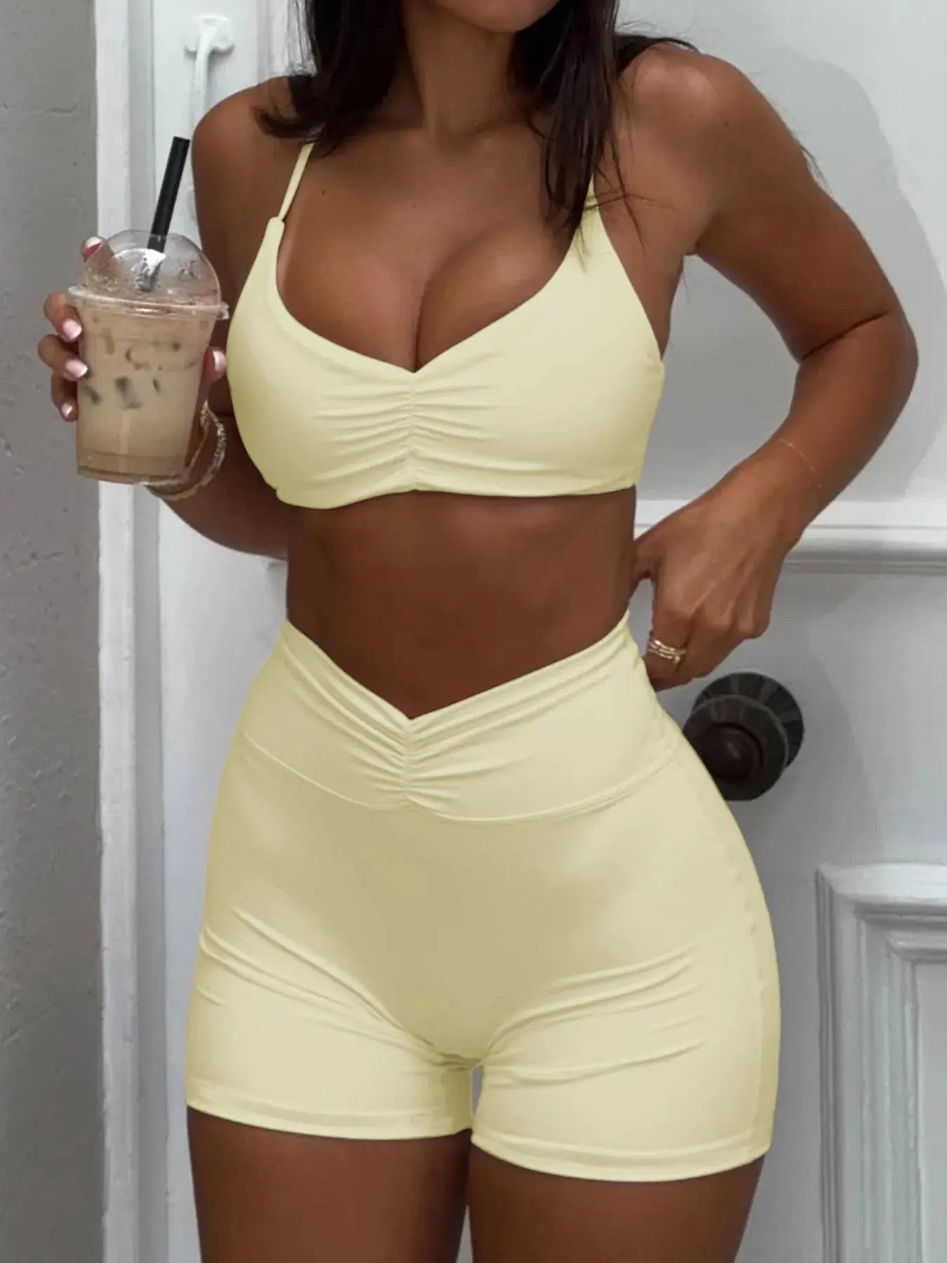 Ruched Sports Bra and High - Waisted Shorts Active Set - Charmdeals