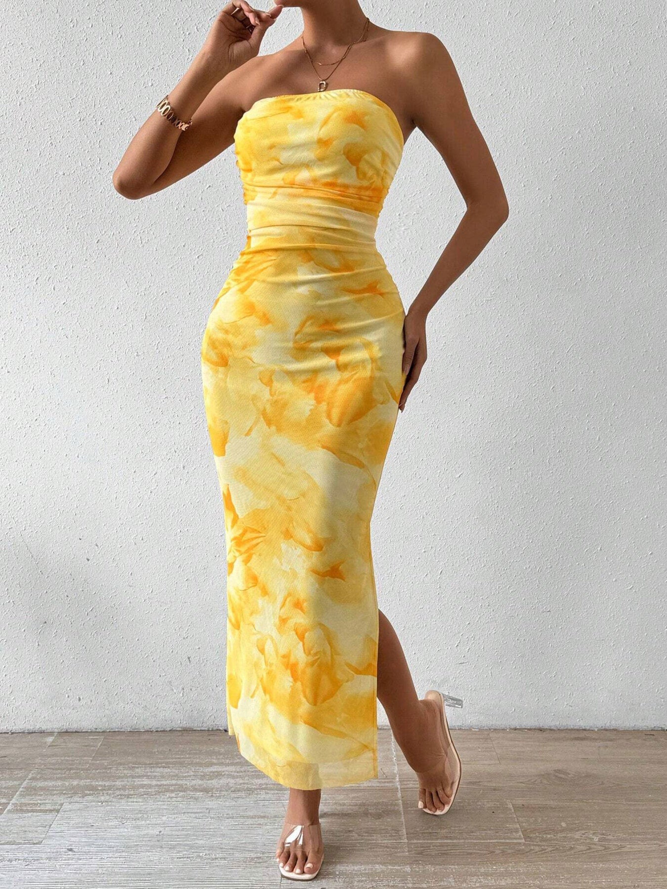 Ruched Strapless Bodycon Midi Dress - Charmdeals