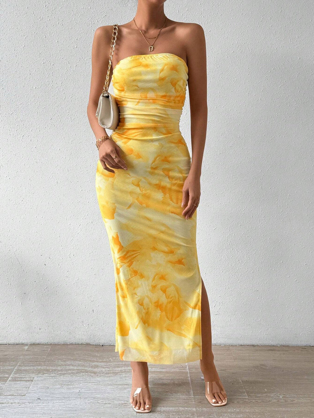 Ruched Strapless Bodycon Midi Dress - Charmdeals