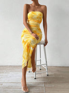 Ruched Strapless Bodycon Midi Dress - Charmdeals