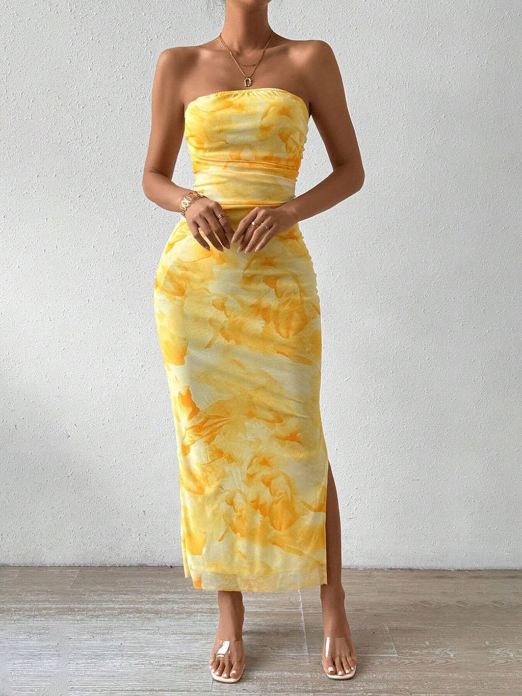 Ruched Strapless Bodycon Midi Dress - Charmdeals