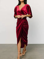 Ruched Surplice Half Sleeve Dress - Charmdeals