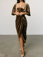 Ruched Surplice Half Sleeve Dress - Charmdeals