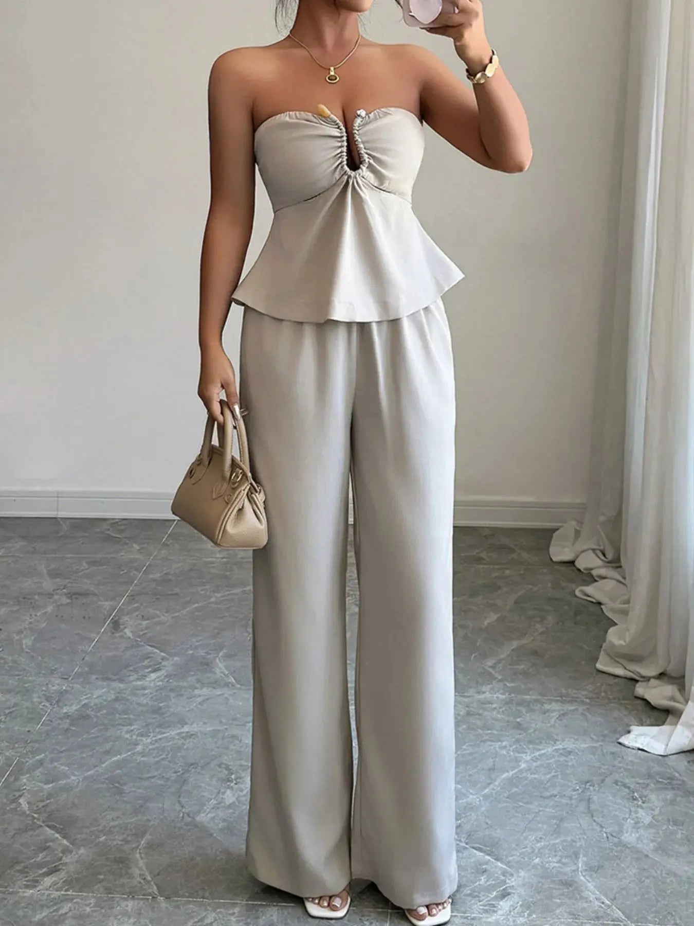 Ruched Tube Top and Pants Set - Charmdeals