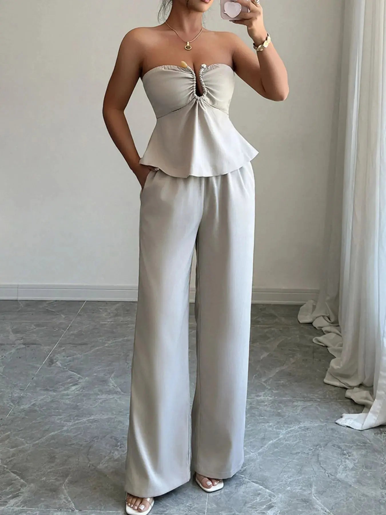 Ruched Tube Top and Pants Set - Charmdeals
