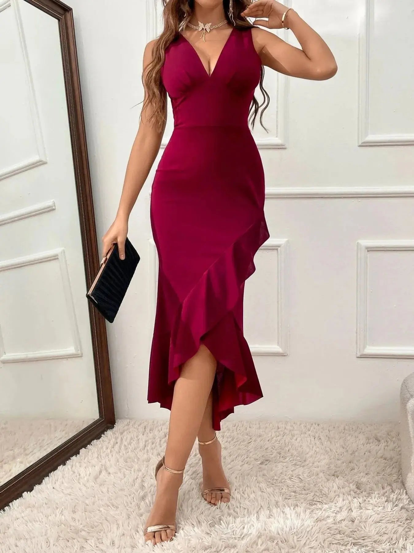 Ruffle Hem V - Neck Bodycon Dress - Charmdeals